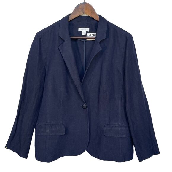 Charter Club Blazer Jacket Women Sz 12 Blue‎ Linen Rayon Pockets Single Breasted - Picture 1 of 7